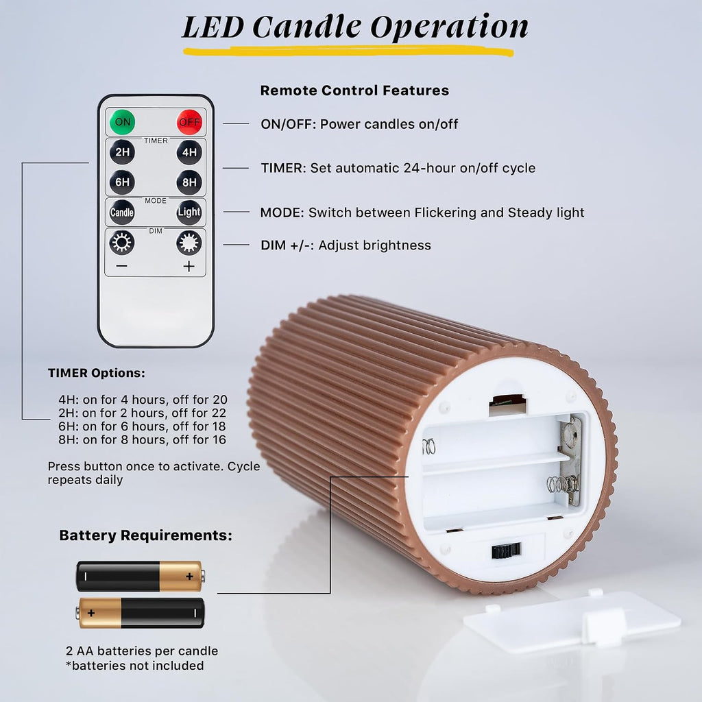 Fluted Ribbed LED Pillar Candles, Brown, with Realistic Reflective Melted-Wax Effect – Flickering Flame, Remote, Dimmable, Flameless, Battery Operated, Home & Wedding Decor (Set of 3)