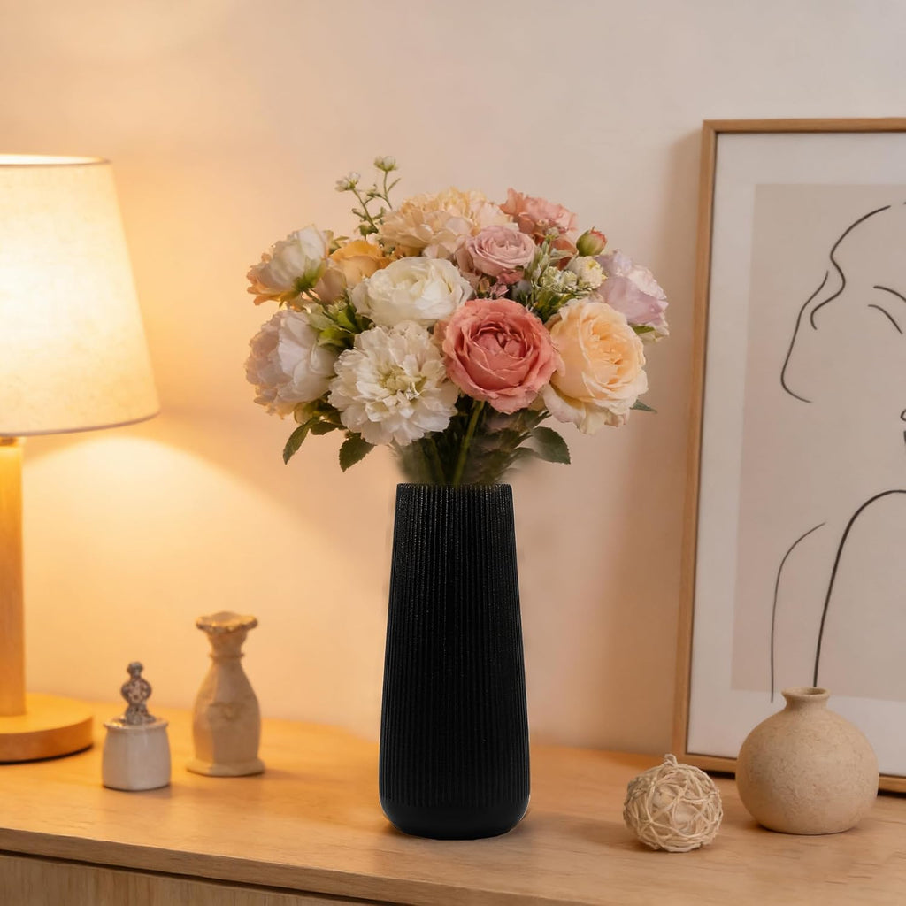 7.8''H Ceramic Vase, Pampas Grass Vase, Ribbed Modern Decor, Matte Black