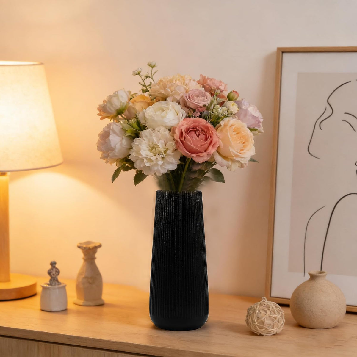 7.8''H Ceramic Vase, Pampas Grass Vase, Ribbed Modern Decor, Matte Black