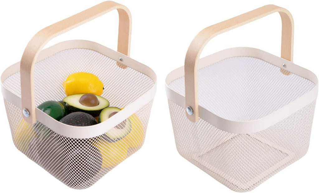 IBWell Square Metal Wire Woven Fruit Storage Bowl Basket with Wooden Handle, Large Black Mesh Fruit Stand, Multi-function Hanging Kitchen Baskets (White, Nomal 2PCS)