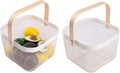 IBWell Square Metal Wire Woven Fruit Storage Bowl Basket with Wooden Handle, Large Black Mesh Fruit Stand, Multi-function Hanging Kitchen Baskets (White, Nomal 2PCS)