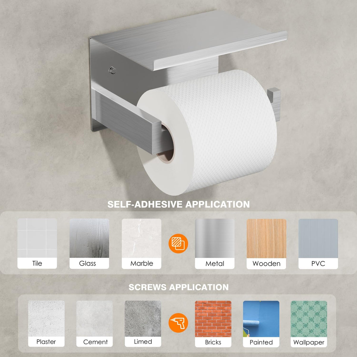 Auxmir Toilet Paper Holder with Shelf, Self Adhesive or Screw Mount, Silver