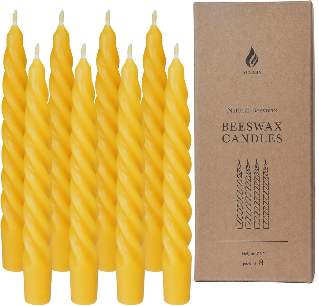 8PCS 7-Inch Pure Beeswax Spiral Taper Candles, Natural Raw, Dripless