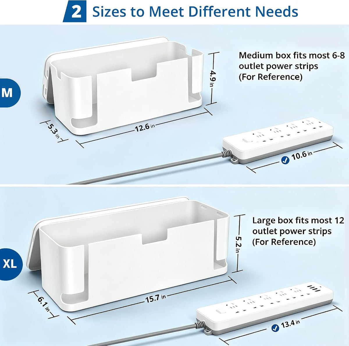 ZhiYo 2 Pack Cable Management Box, Medium & XL, Power Strip Organizer White