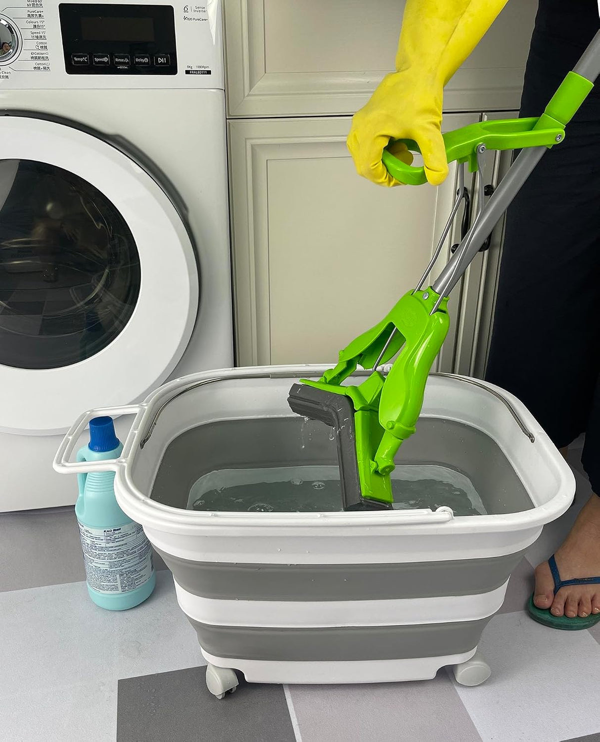 SAMMART 35L (9.24 Gallons) Collapsible Plastic Laundry Basket with Handle and Wheels - Foldable Pop Up Storage Container/Washing Tub - Space Saving (2, White/Grey)