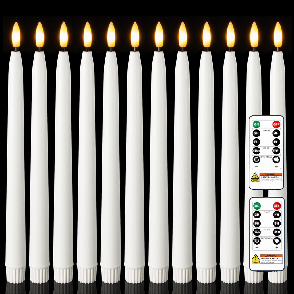 Homemory 11 inches Waxy Flameless Taper Candles with Remote Timer Dimmer, 12 Pcs Battery Operated Taper Candles with Flickering Flame, White LED Candlesticks for Wedding, Christmas Indoor Decoration
