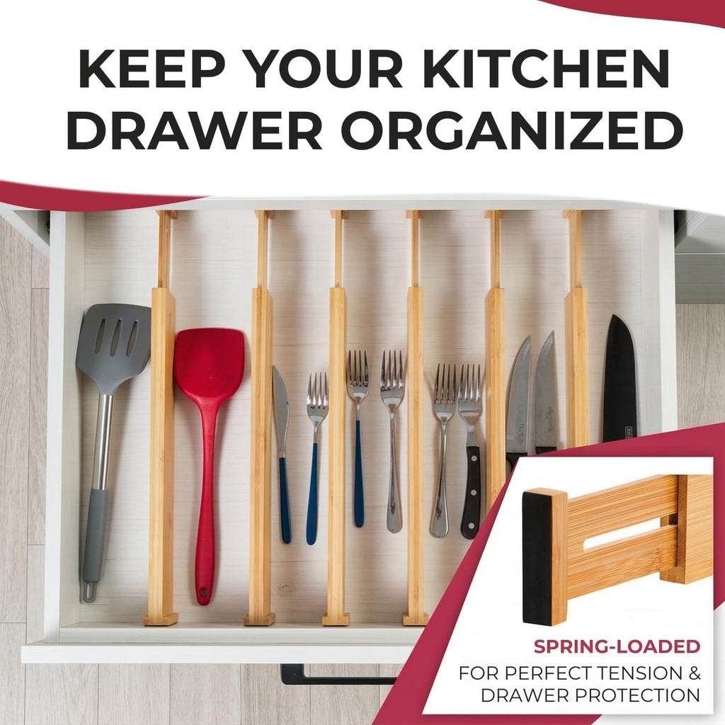 Adjustible Draw Divider, Adjustable Expandable Drawer Organizer with Spring Loaded Design, Bamboo Drawer Separators for Kitchen, Dresser, Bedroom, Bathroom & Office- 6 pack
