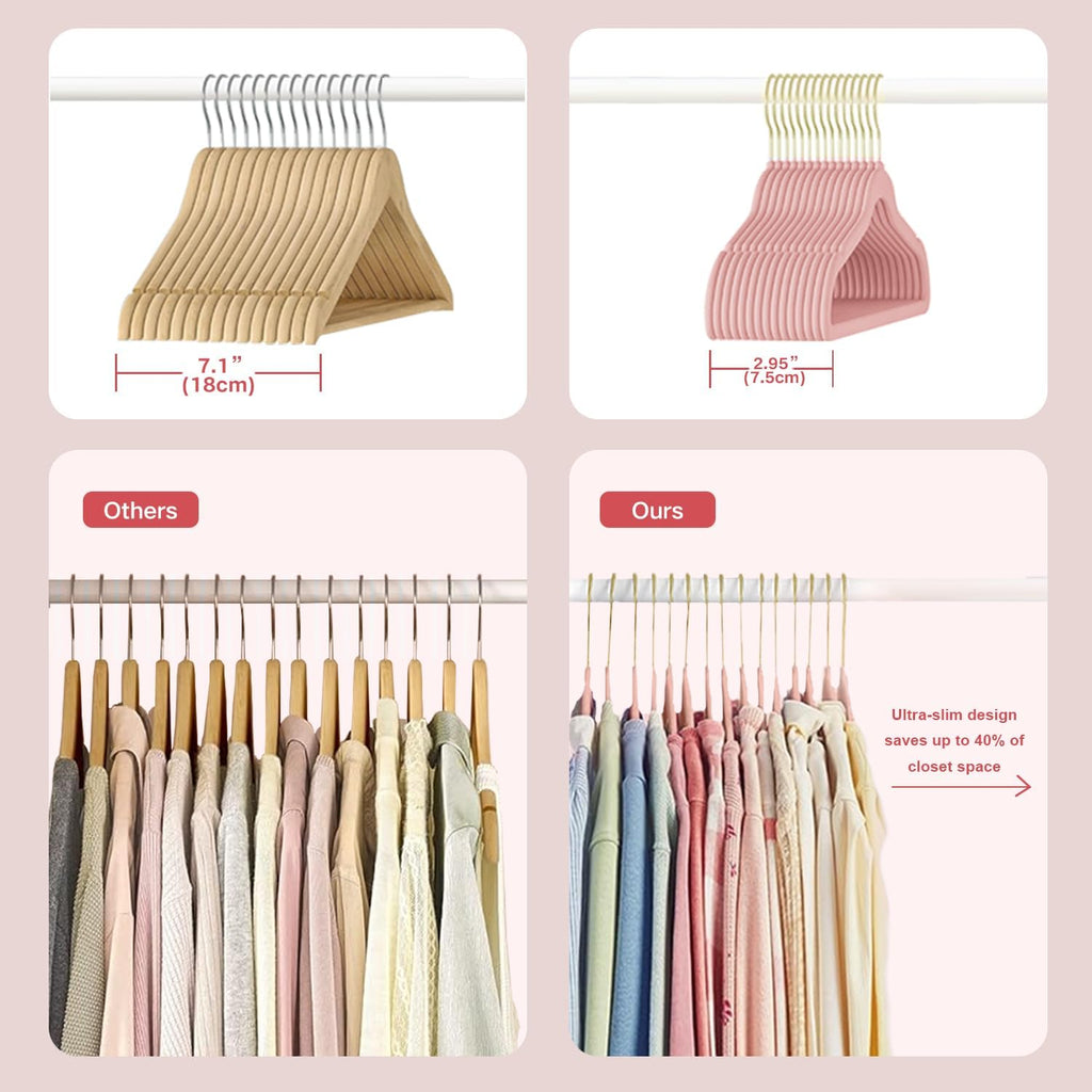 36 Packs Velvet Clothes Hangers, 17.3 Inches Non-Slip Skirt Hangers, Sturdy Dresses Hangers with Shoulder Notches, Space Saving Clothing Hangers for Adults, Pink with Gold Hook
