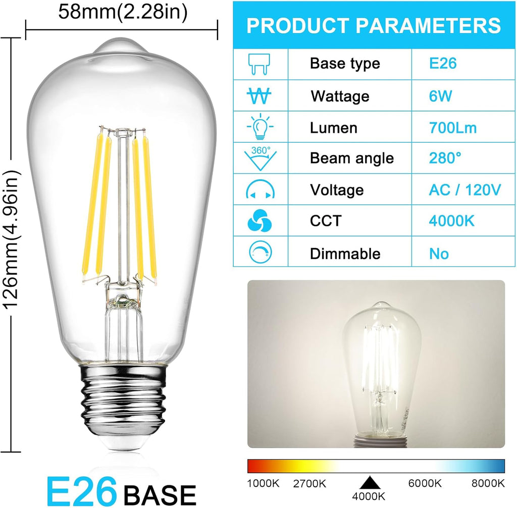 Ascher LED Edison Bulbs 6W, Equivalent 60W, High Brightness Cool White 4000K, 700 Lumens, ST58 Vintage LED Filament Bulbs with 80+ CRI, E26 Base, Non-Dimmable, Clear Glass, 4 Packs