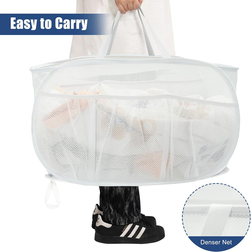 Collapsible Laundry Baskets, Upgrade Pop Up Laundry Hamper with Convenient Bags, Foldable Laundry Basket Mesh Light Weight, Easy to Carry Clothes Hampers for Laundry, Dorm, Toys, Travel White