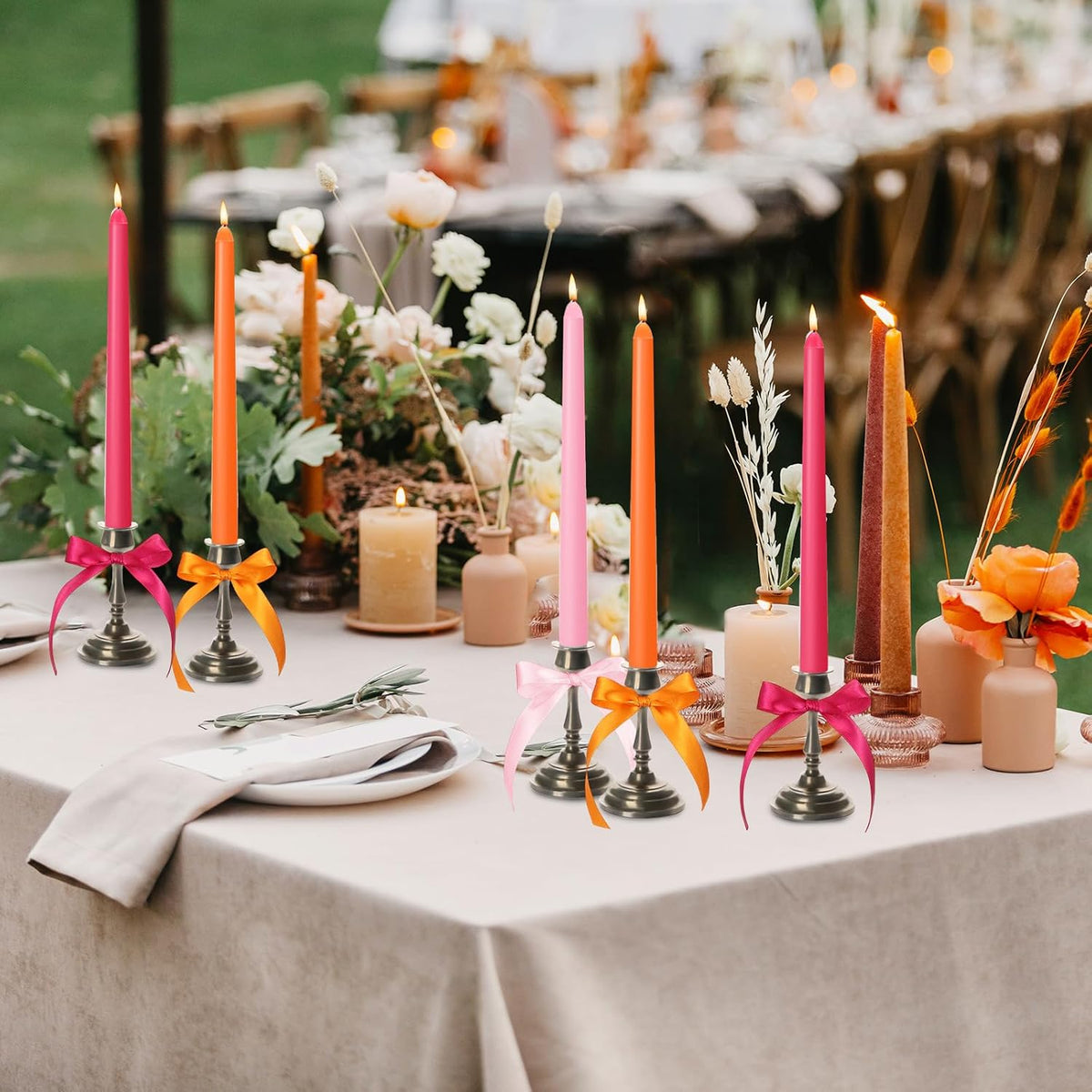 12 Pcs Pink and Orange Party Taper Candles with 3 Roll Ribbon