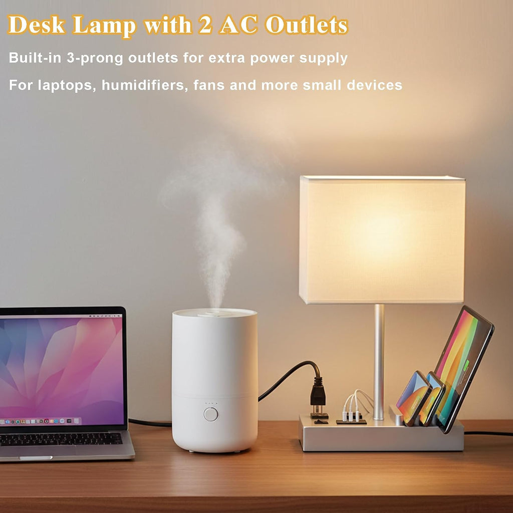 Multi-Functional Table Lamp with 3 USB Charging Ports & 2 AC Outlet, Silver