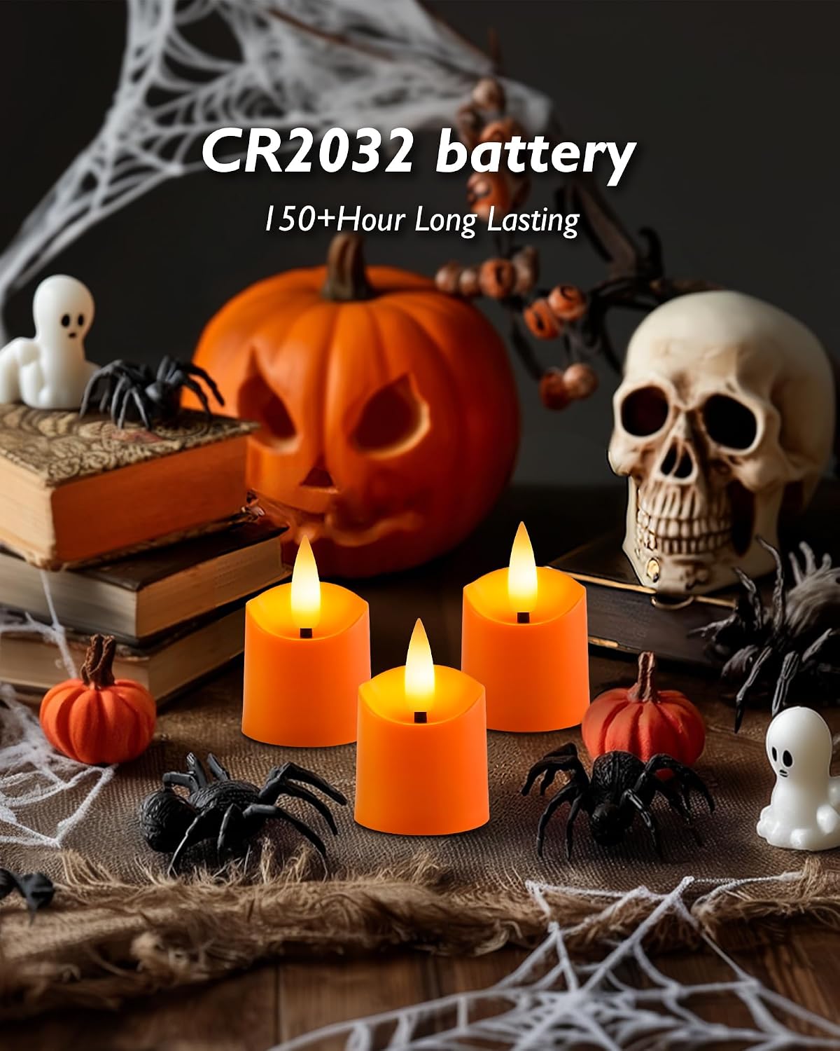 Homemory 12Pack Timer Flameless LED Votive Candles, Long Lasting Battery Operated Tealight, for Halloween Decorations, Theme Party, Thanksgiving Day-Orange Base