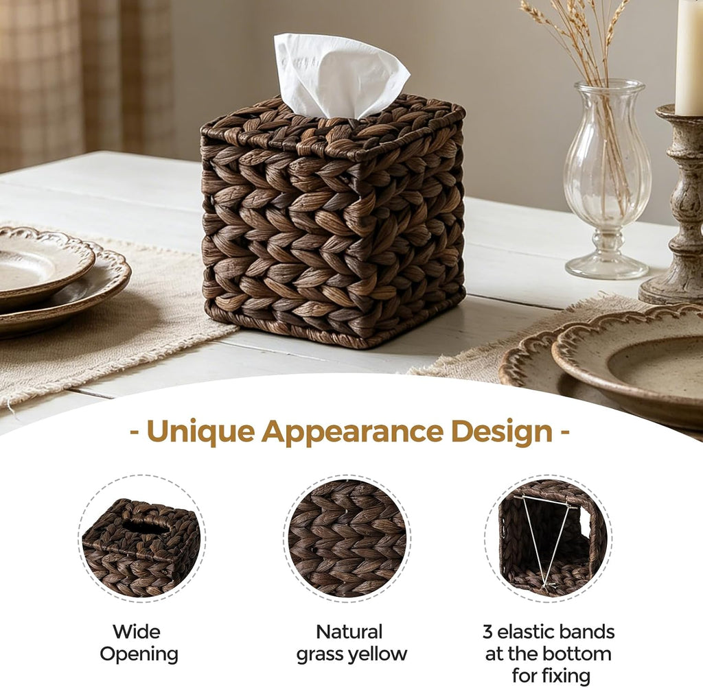 2PC Wicker Tissue Box Cover, Rattan Tissue Box Holder Square, Boho Decorative Woven Water Hyacinth Cube Tissue Holders for Bathroom Living Room Kitchen（Coffee）