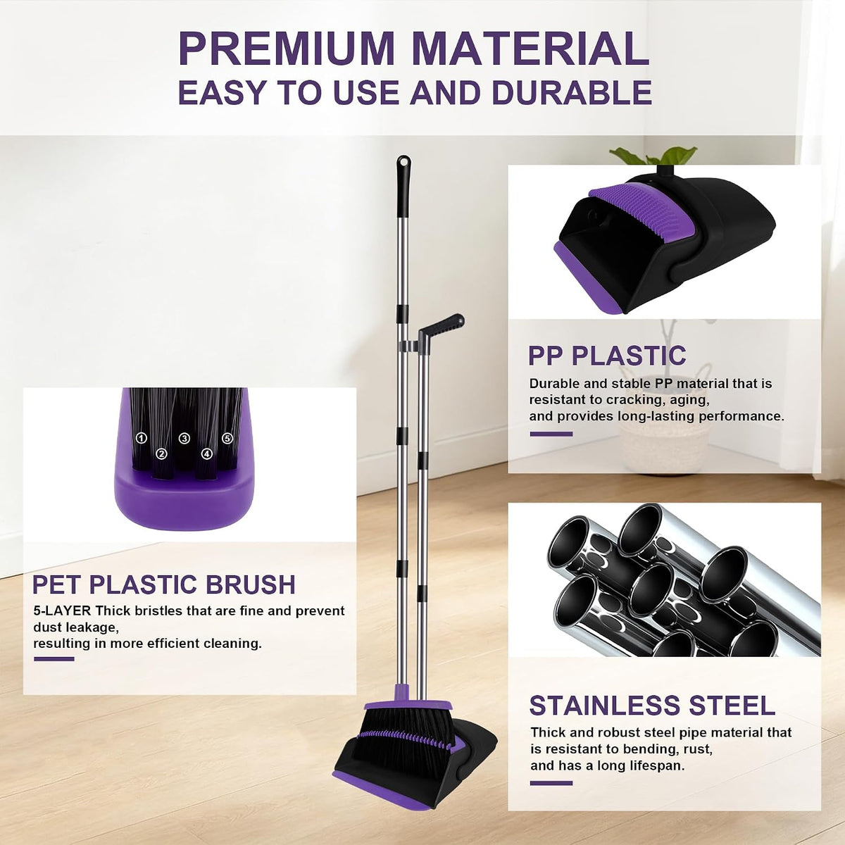 Broom and Dustpan Set, 51" Long Handle Broom with Built-in Comb - Purple