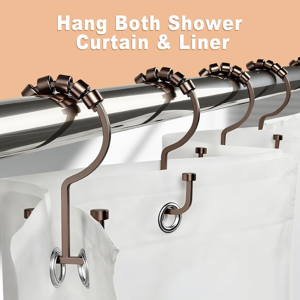BBV Shower Curtain Hooks Rings, 12 Pcs Rust Resistant Metal Double Glide Shower Hooks for Bathroom Shower Rods Curtains (Bronze)