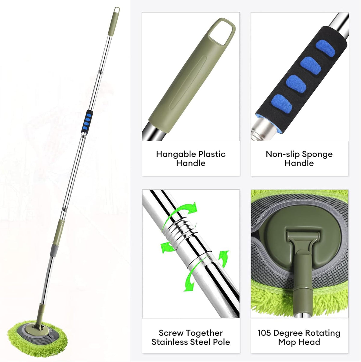 66'' Wall Mop with Long Handle,Ceiling Dust Mop with 15° Labor-Saving Elbow