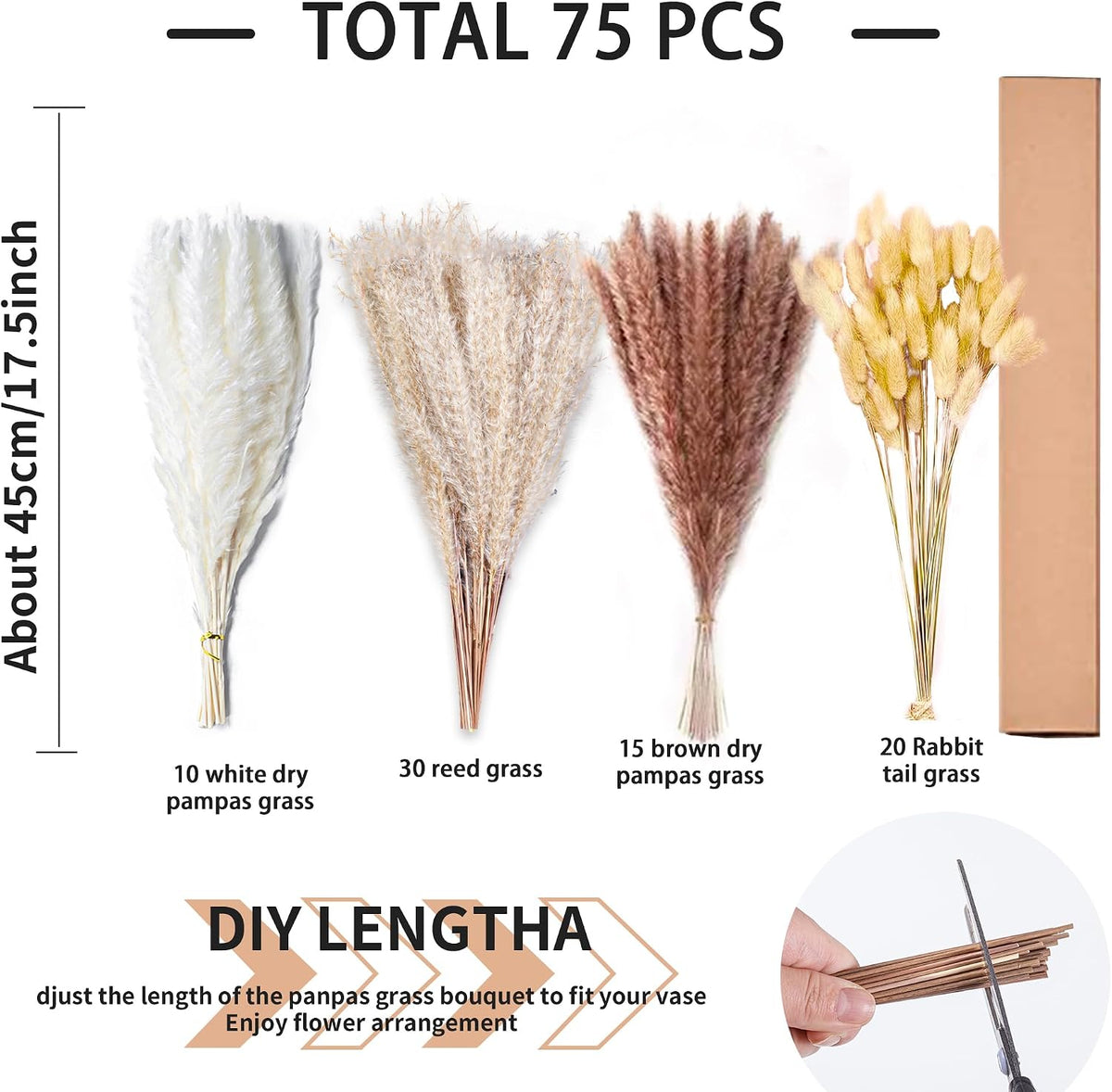 Natural Dried Pampas Grass Decor - 17.5" 75Pcs Fluffy Pampas Grass Bouquet