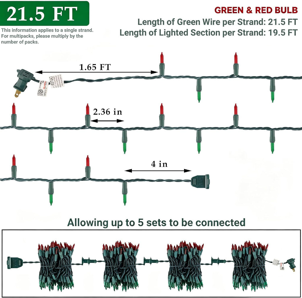 3Pack Red&Green Christmas String Lights, 100 Count Incandescent Mini Lights