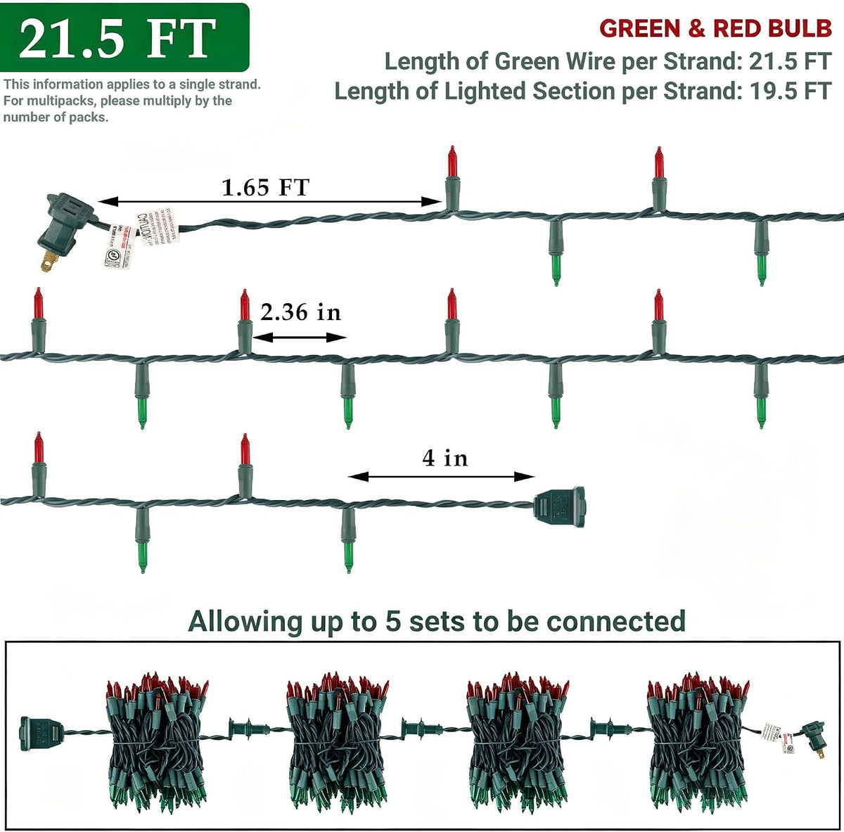 3Pack Red&Green Christmas String Lights, 100 Count Incandescent Mini Lights