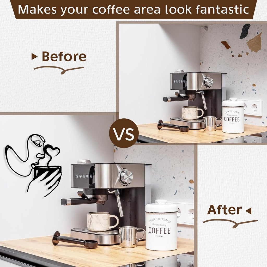 Oubasa Metal Wall Art Decor - 3D Black Metal Coffee Wall Art Bar Sign Decor, Woman Drinking Coffees Sculptures, Minimalist Wall Art for Kitchen Home Office Living Room Bedroom
