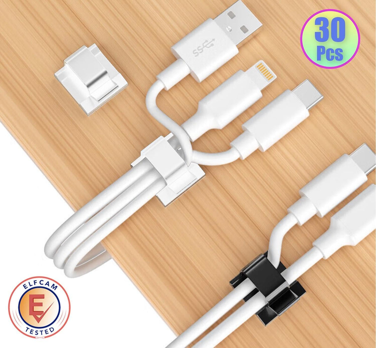 Elfcam® - 30 Piece Adhesive Cable Clips for Ethernet Network Cable Management, Cable Ties and Cords for Home or Office, White (Set of 30)