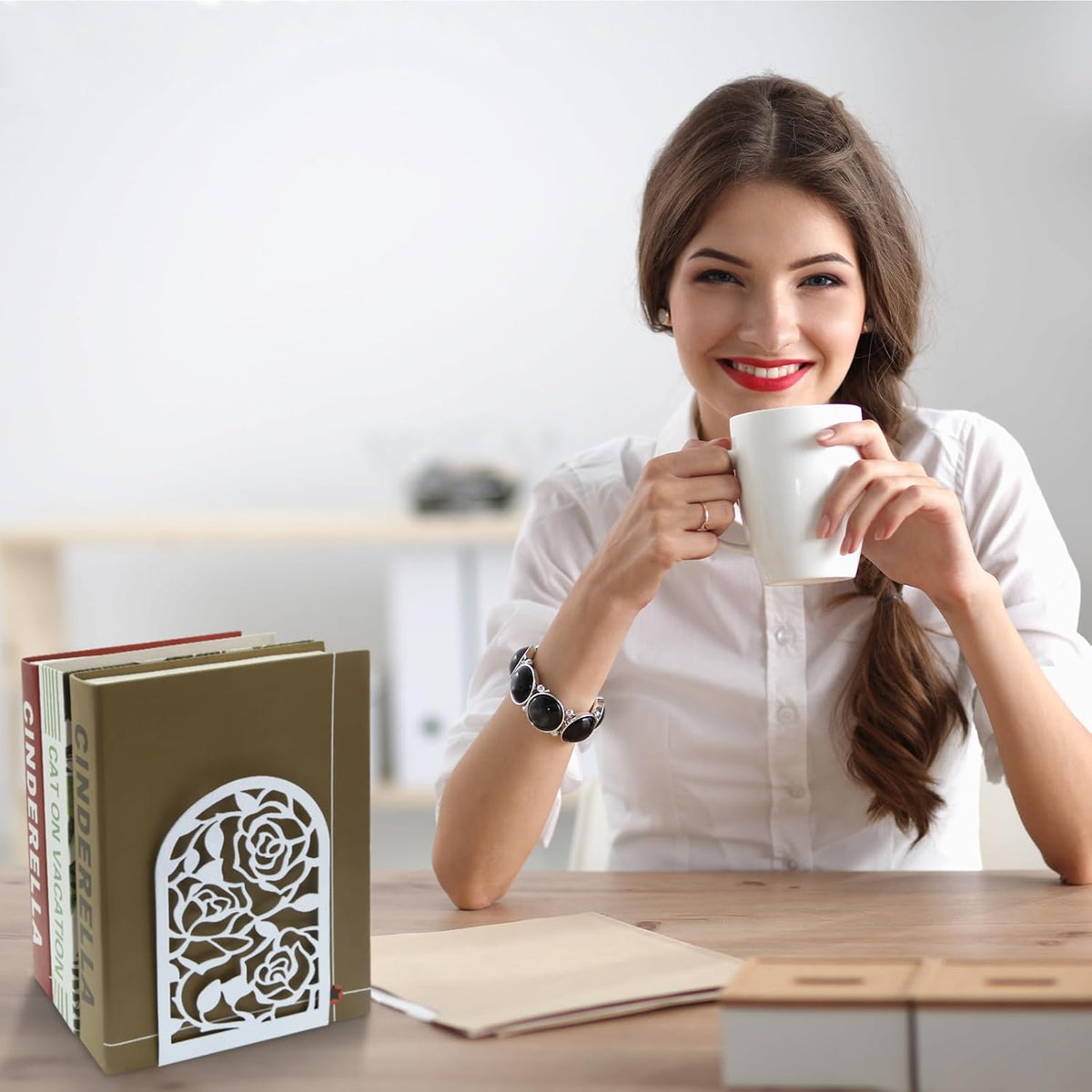 Elegant Rose Bookends Hollow-Out Rose Flower Book Ends Shelves Organizer Metal Book Stands Journal Book Holder Reading Room Decorative Bookends Library Book Stoppers for Office Home School (White)