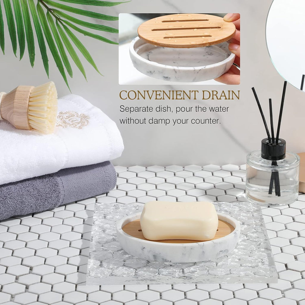 Luxspire Bamboo Soap Dish, Holder for Bathroom& countertop, Gravel White