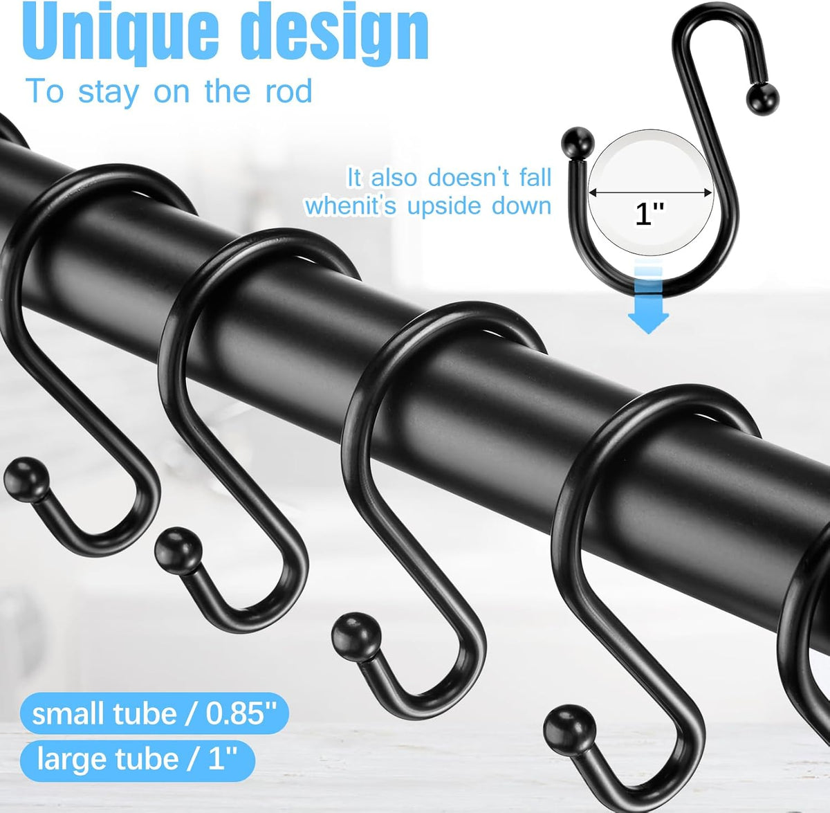 Shower Curtain Hooks, Metal Shower Hooks for Shower Curtain Rod, Rust Proof Metal Shower Curtain Rings, Decorative S Shower Hook (Black)