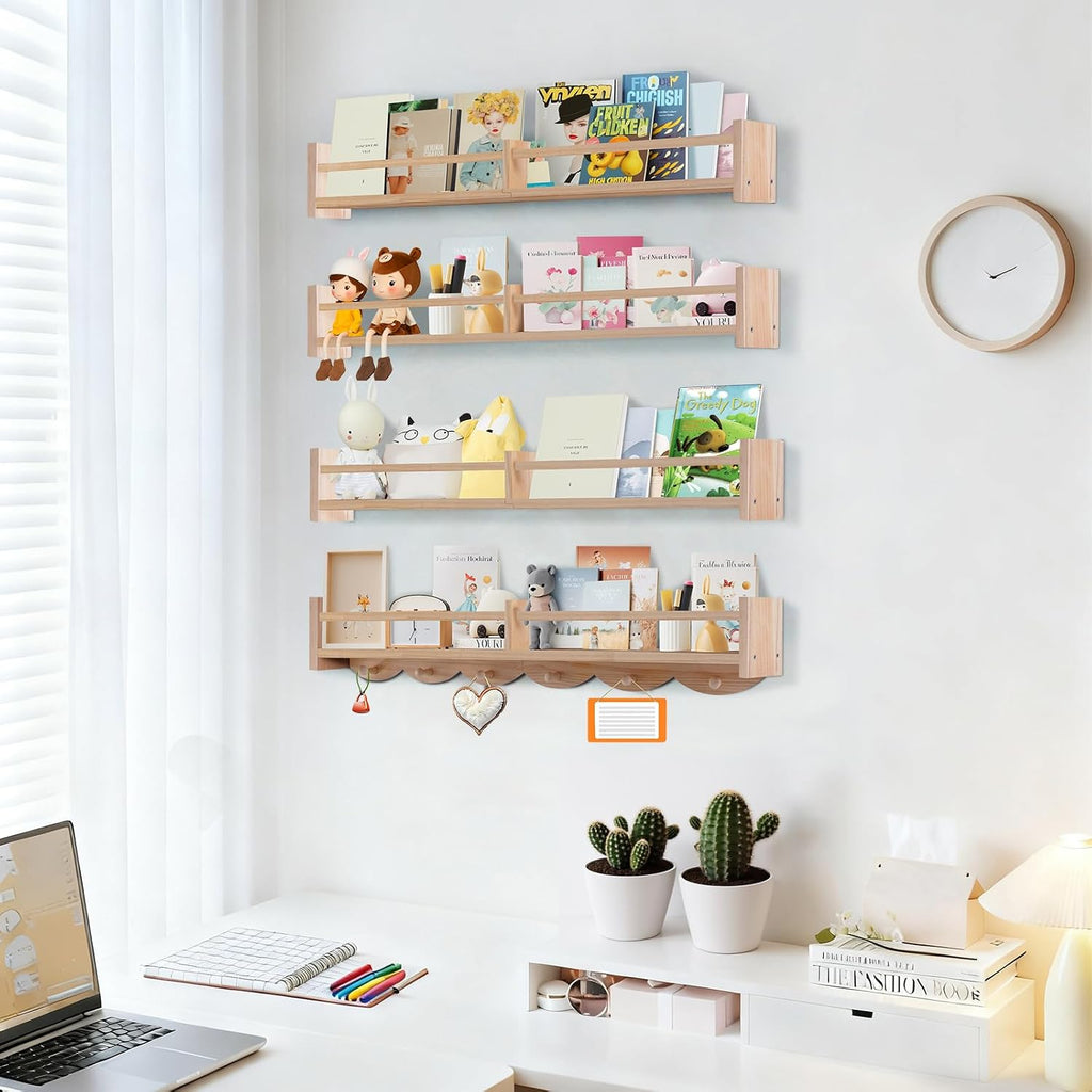 34Inch Nursery Book Shelves Wall Mounted, Floating Book Shelf for Kids Coat Rack with 6 Hooks, Wall Hanging Shelf for Baby Nursery Room Organizer ，Patent Number:US-D1058229-S(4, Burlywood)