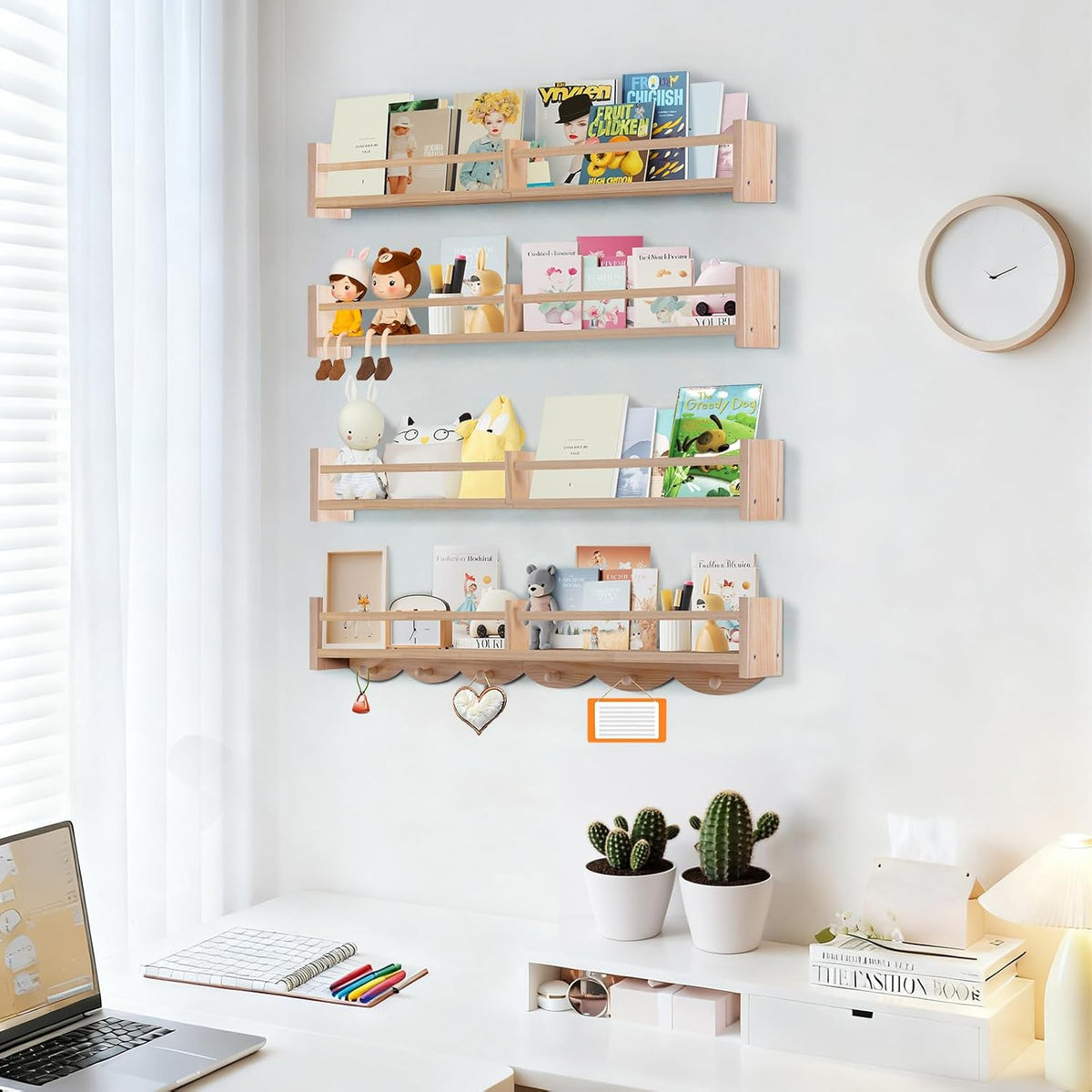 34Inch Nursery Book Shelves Wall Mounted, Floating Book Shelf for Kids Coat Rack with 6 Hooks, Wall Hanging Shelf for Baby Nursery Room Organizer ，Patent Number:US-D1058229-S(4, Burlywood)
