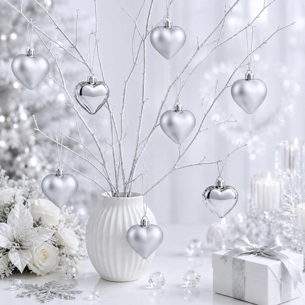 Set of 12 Silver Heart Ornaments for Christmas Valentine Tree Decorations, 1.8 inch Mini Valentines Ornaments for Small Tree, Heart Shaped Plastic Shatterproof Hanging Balls Holiday Party Decor