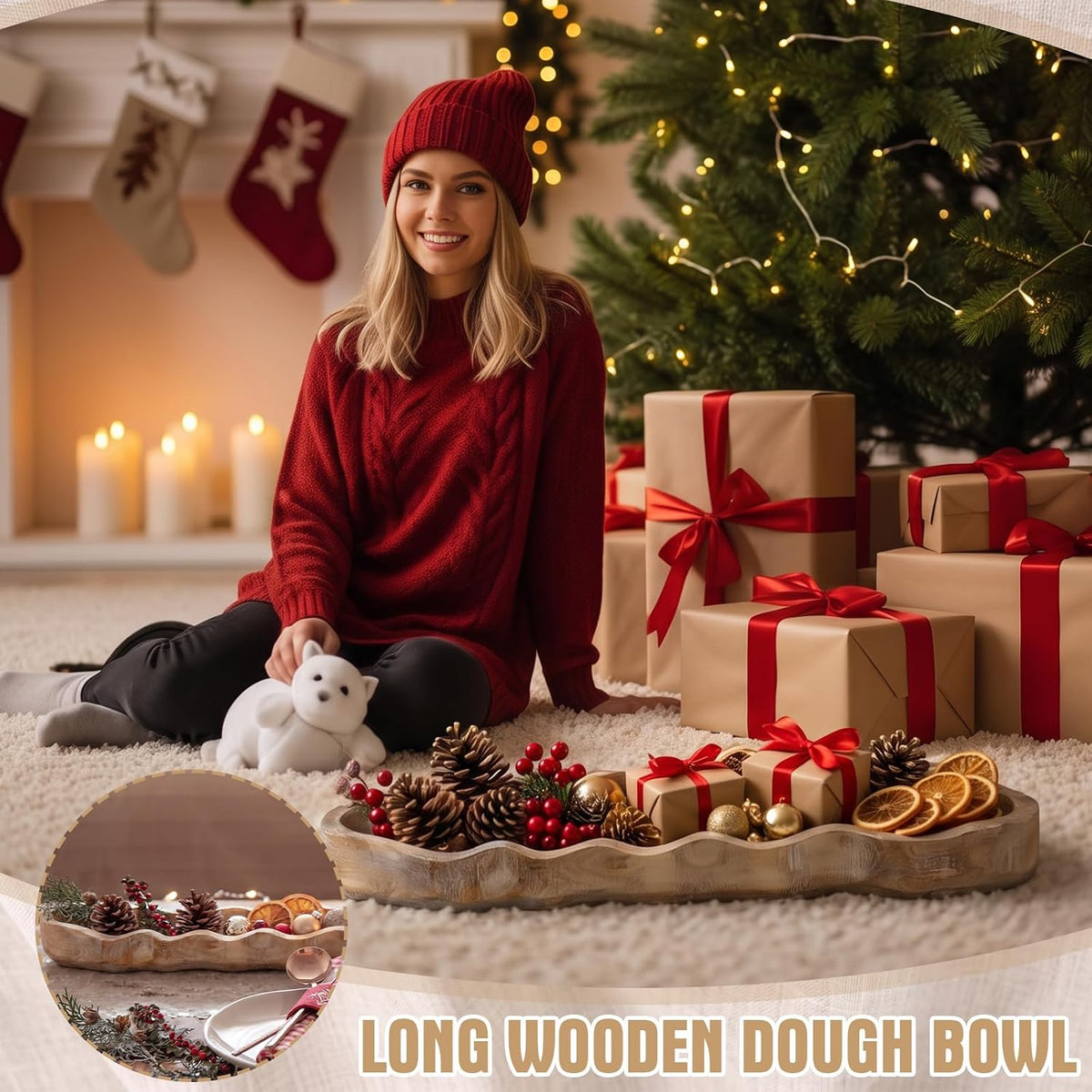Nuogo 1 Pcs 30 Inch Wooden Decorative Dough Bowl, Wave Shaped