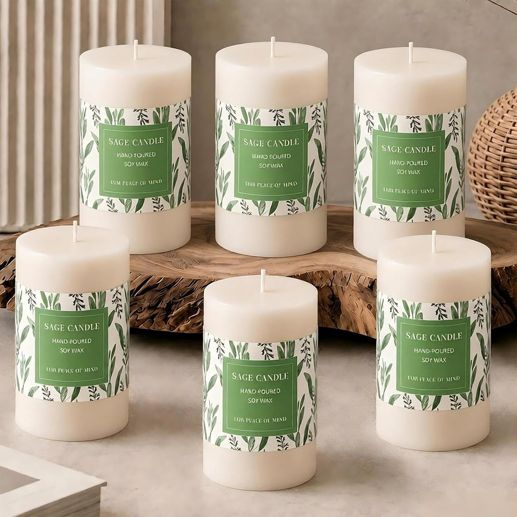 Sage Candles for Cleansing, 6 Pack 2 * 4 Inches White Pillar Candles for Home, Long Burn Soy Candle, Candle Gift Set for Women
