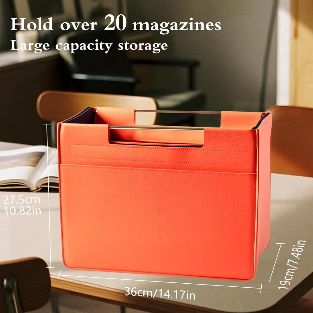 Leather Magazine Holder Foldable with Handles，Stable Magazine Rack Floor