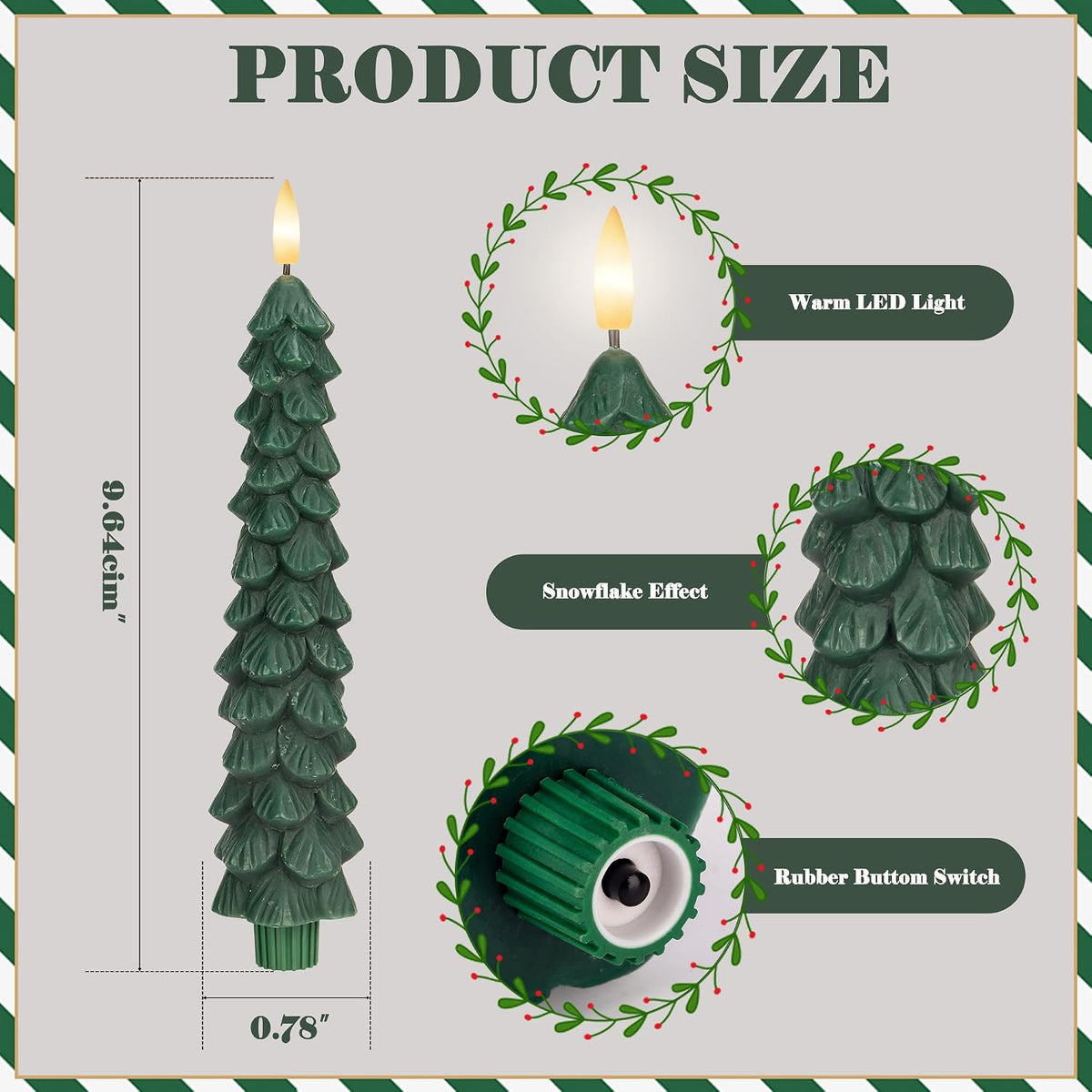 JOIONE Flameless Christmas Tree Taper Candles with Remote Set of 3, Green
