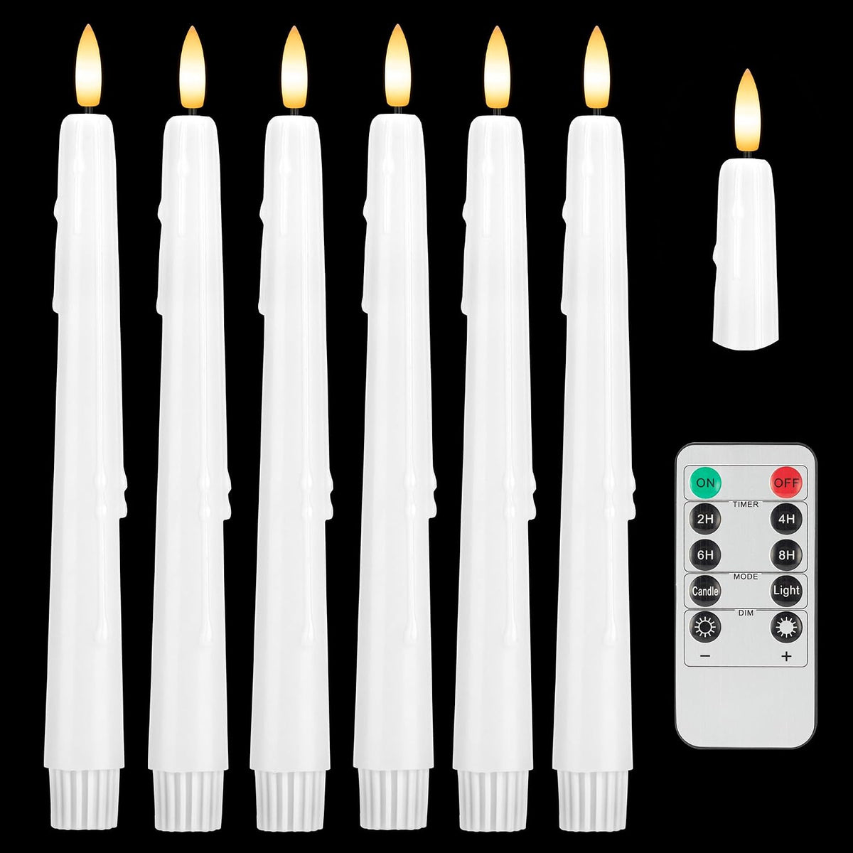 Dripless Flameless Taper Candles 9.6", Battery Operated LED Candles with Remote and Timer, Unique Candlesticks with 3D Flame for Wedding Decor, 6 Pack White