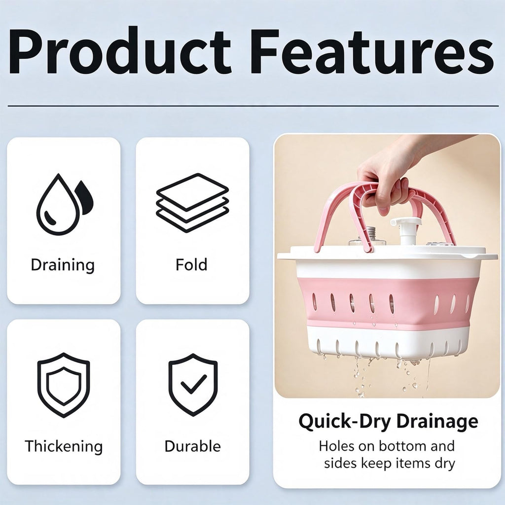 2 Pack Portable Shower Caddy Tote, Collapsible Plastic Storage Basket with Handles, Foldable Multifunctional Organizer for Bathroom, Kitchen, College Dorm, Gym, Travel and Camping, Pink