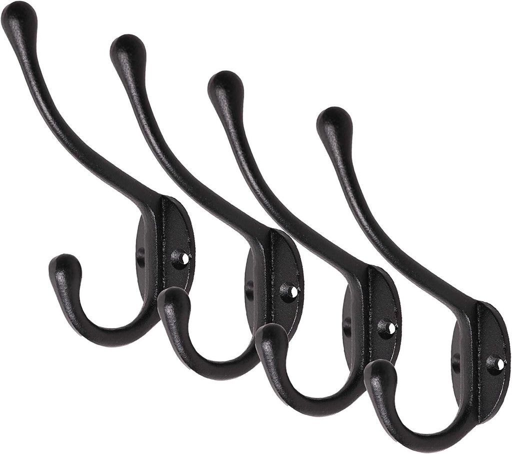 Craftsman Road Vintage Cast Iron Wall Hooks (Black Texture Finish, Set of 4) - Rustic, Farmhouse Coat Hooks | Great for Coats, Bags, Towels, Hats | Classic Slender