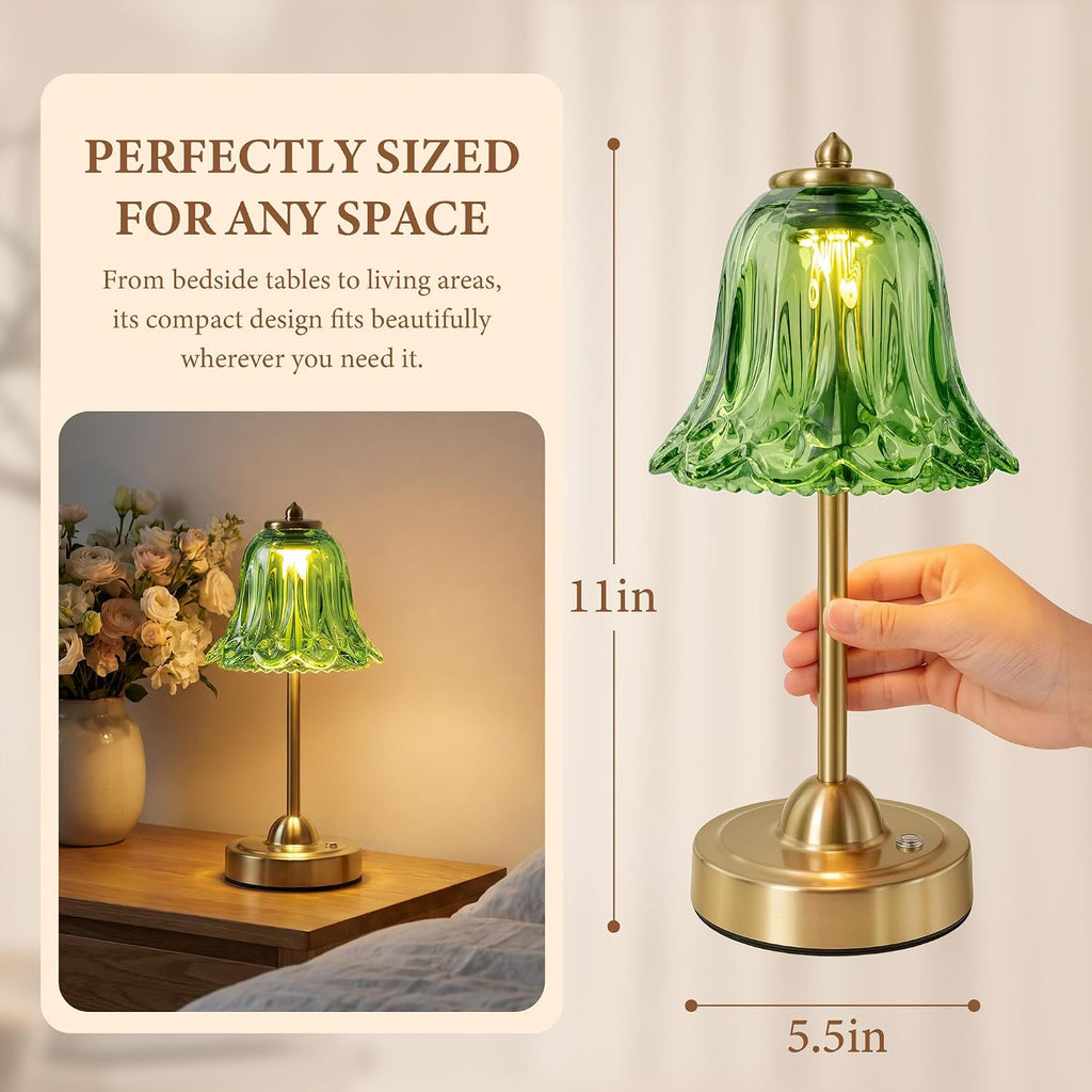 Cordless Table Lamp, Rechargeable Battery Operated Flower Touch Lamp, Green