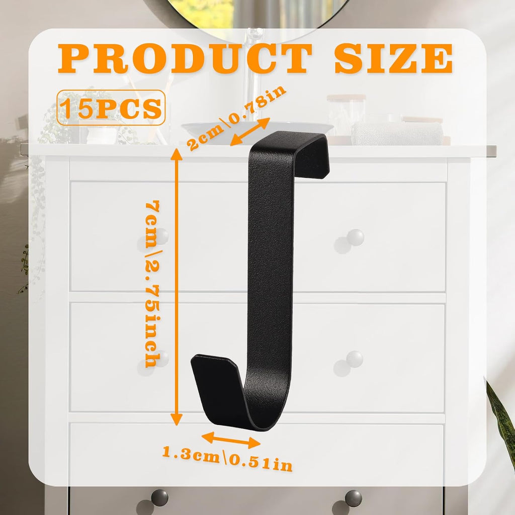 15 Pack Over The Cabinet Door Hooks, Cabinet Drawer Organizer, Metal Cabinet Hooks for Hanging Stocking Clothes Towels (Black)