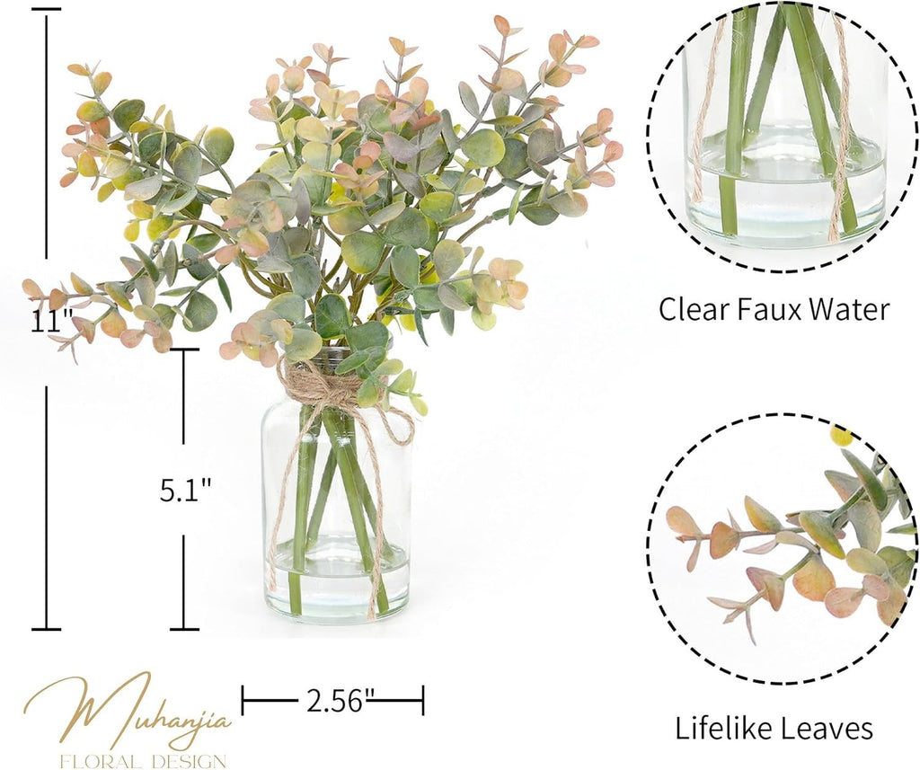 Muhanjia Artificial Eucalyptus Stems in Glass Vase with Faux Water,6Pcs Grey-Orange Fake Plant for Centerpiece (Grey-Orange Eucalyptus)