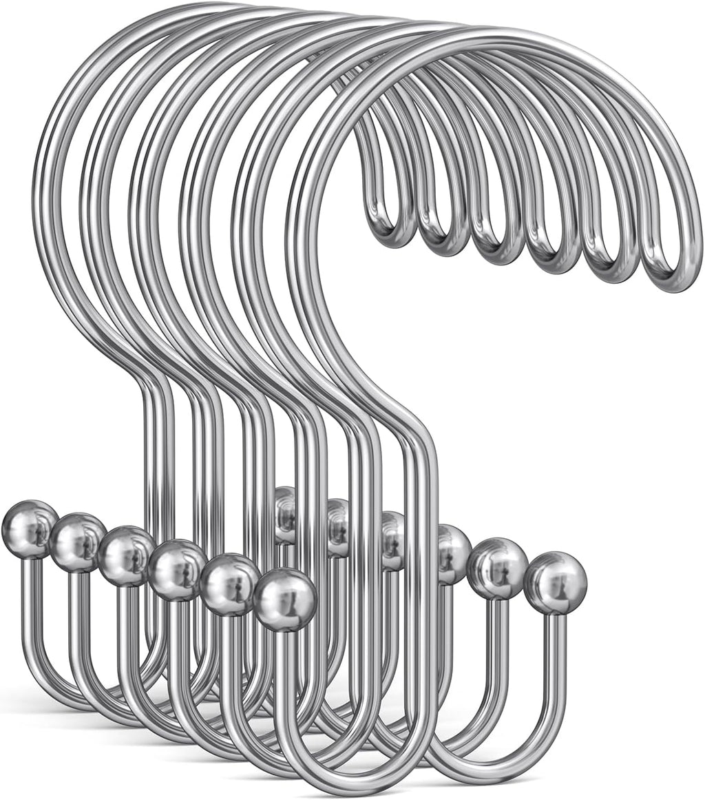 Bathway Shower Curtain Hooks Ring Chrome, 12 Pcs Double Sided Shower Hooks, Rust Proof Metal Shower Hooks for Bathroom, Anti-Drop Shower Rings for Shower Curtain & Liners