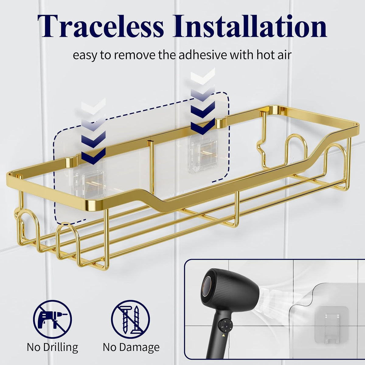 Kitsure Shower Caddy, Adhesive Shower Organizer, Large, Gold