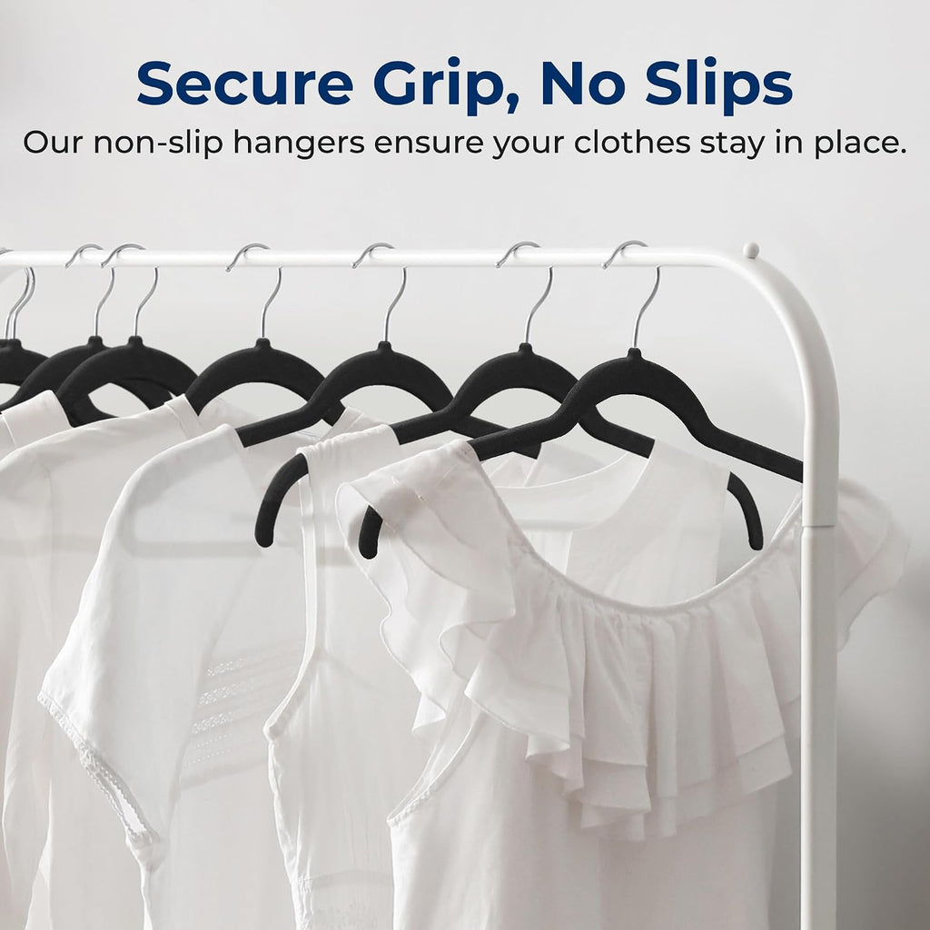 SereneLife 50 Pack Velvet Clothes Hangers | Organize Shirts, Dresses & Coats with Ease | Non-Slip Velvet, Recycled ABS, 360° Swivel Hook, Lightweight 0.2-Inch Slim Profile, 8 Lbs Capacity | Black