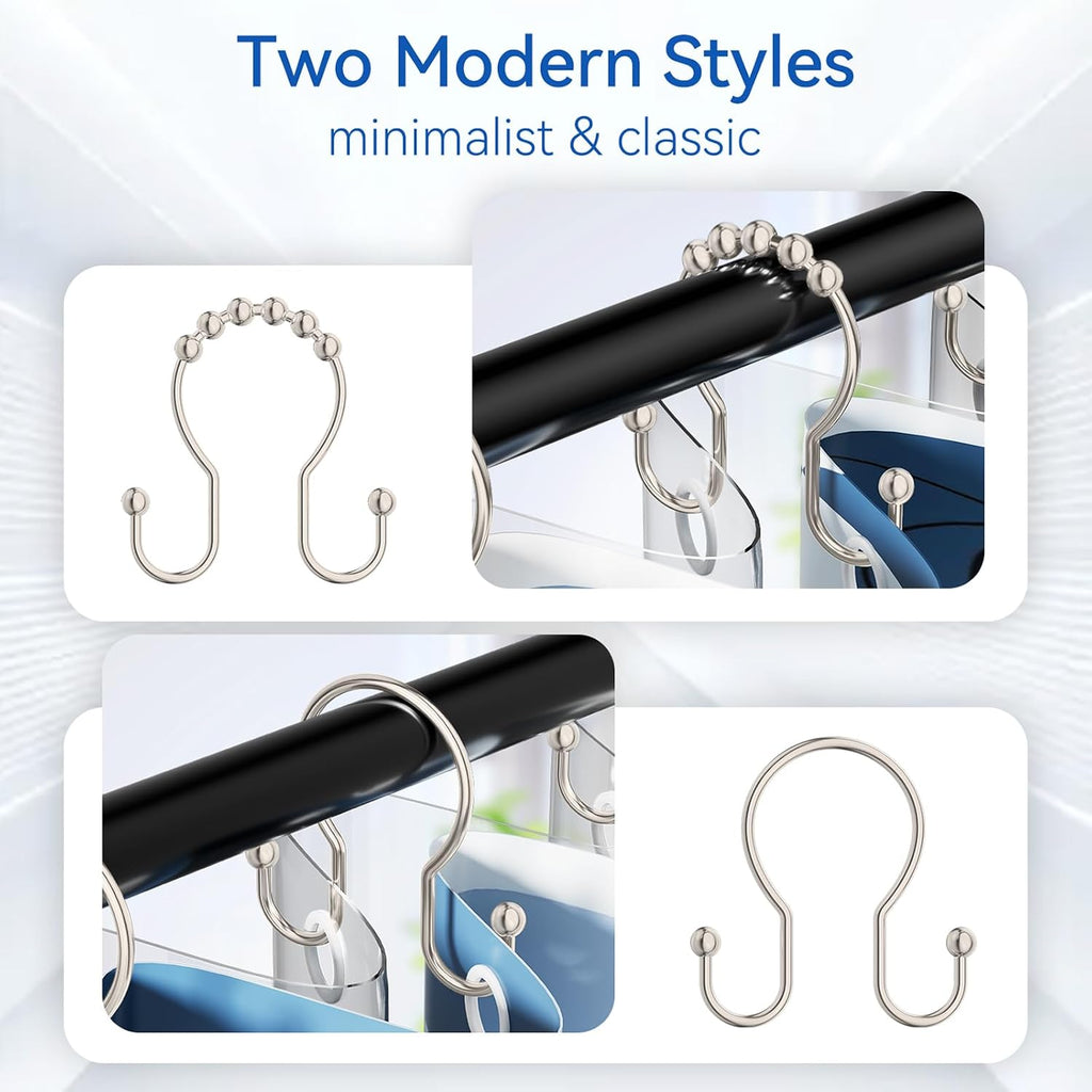 OEH Shower Curtain Hooks, 12 Pcs Minimalist Shower Curtain Rings, Metal Shower Curtain Hangers, Double Hook Shower Curtain Hooks Rust Proof, Glide Smoothly Shower Hooks for Shower Curtain Rod, Nickel