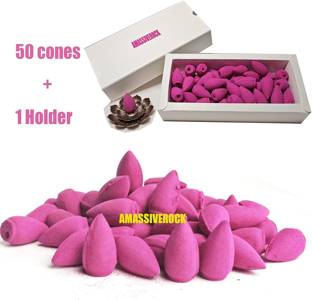 Rose Incense Cones (50) With Backflow Holder - Natural Meditation Lavender Citronella Cone for Yoga, Relaxing Home Decor, Aromatherapy Fragrance