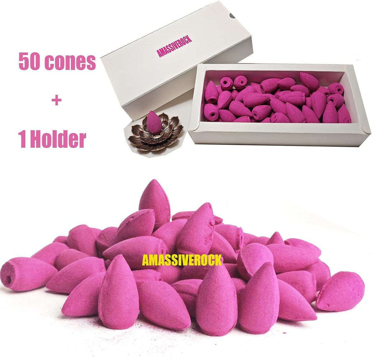 Rose Incense Cones (50) With Backflow Holder - Natural Meditation Lavender Citronella Cone for Yoga, Relaxing Home Decor, Aromatherapy Fragrance