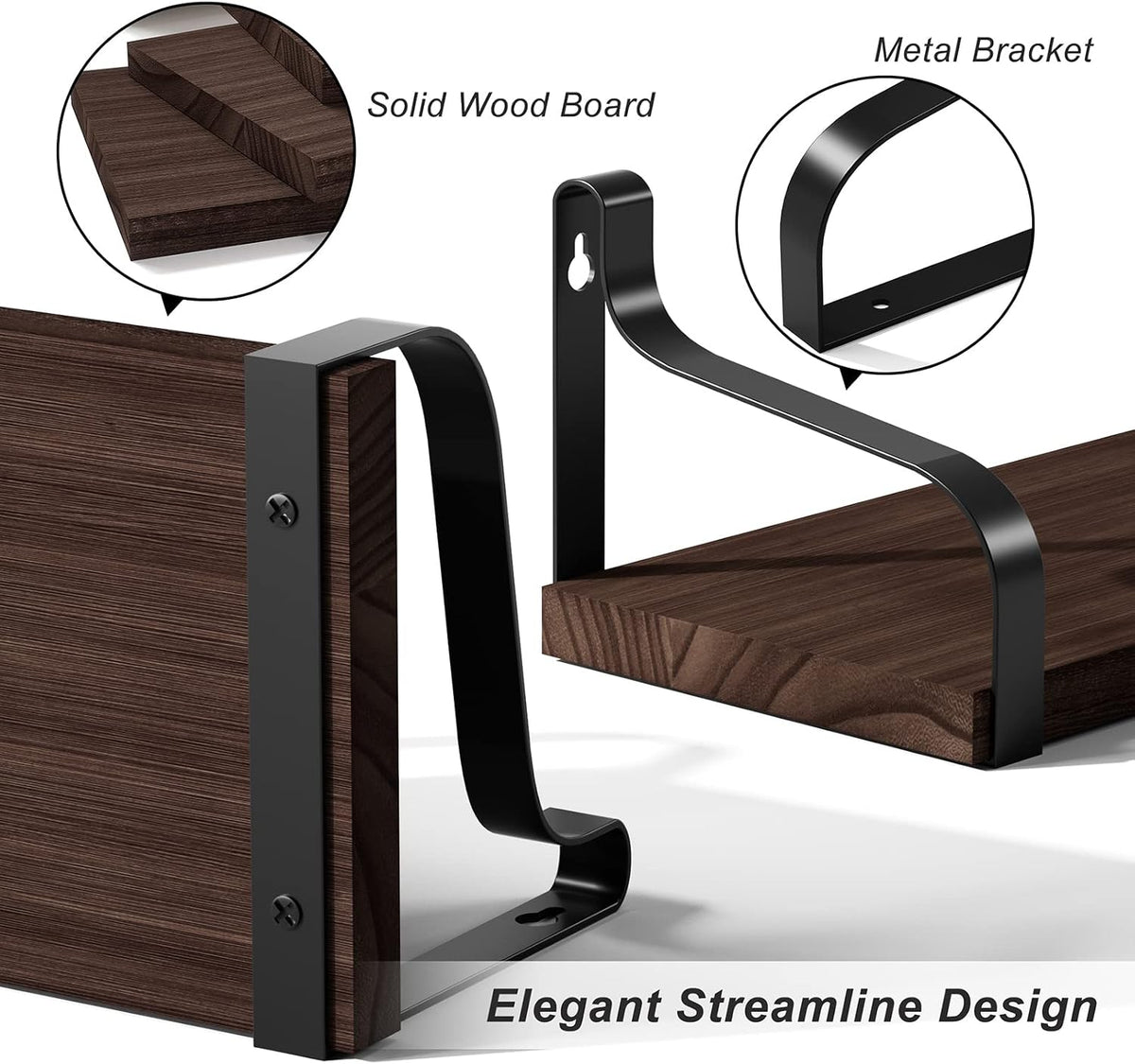 Love-KANKEI Floating Wall Shelves Set of 3,Wood/Metal Bracket,Dark Walnut