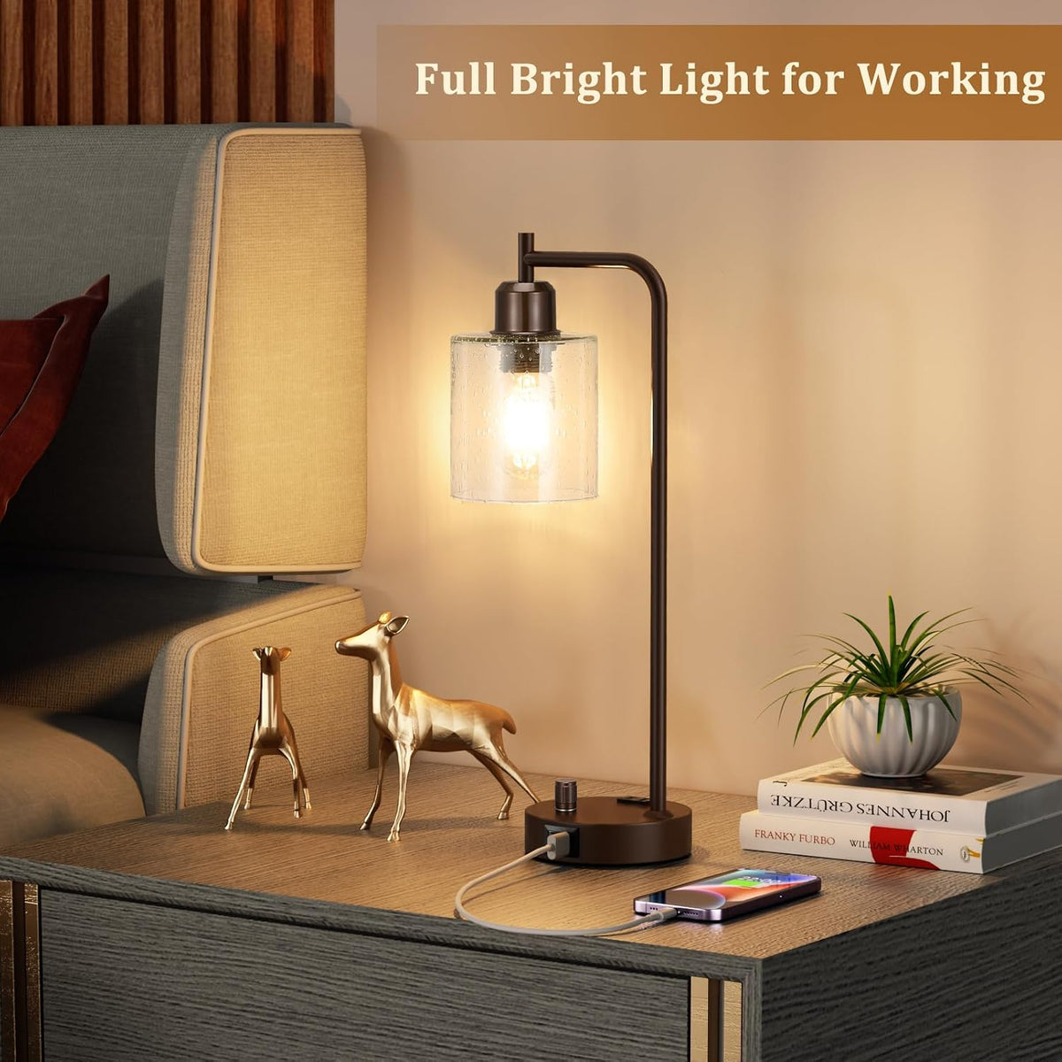 Innqoo Brown Industrial Bedside Table Lamp for Bedroom - Nightstand Lamps with USB C Charging Port, Fully Dimmable Black Ports and Outlets, Small Desk Glass Shade Office Living Room